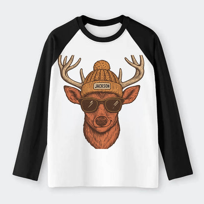 Mississippi White-tailed Deer wearing Jackson beanie with pom pom and - Raglan Long Sleeve T-Shirt - Black