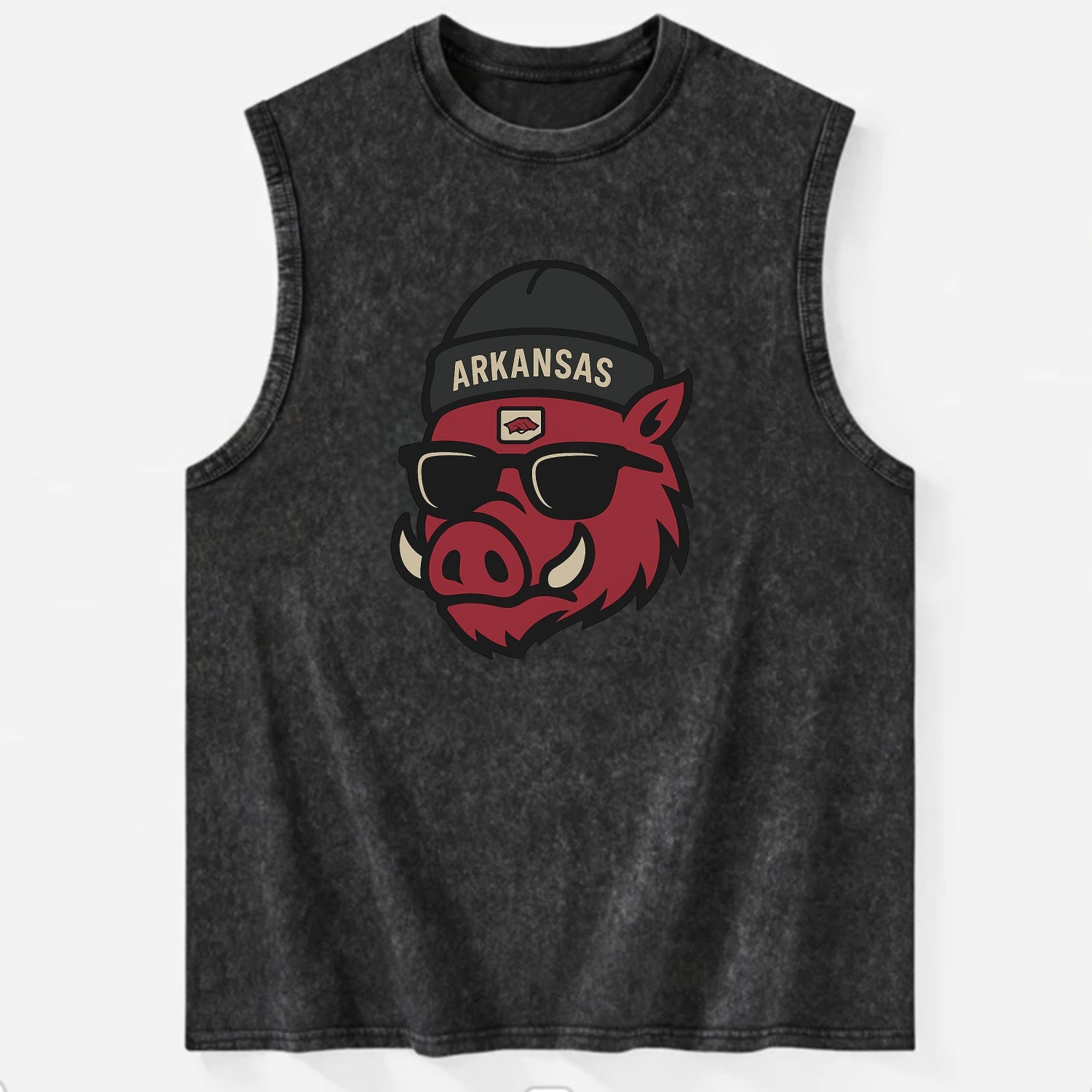 Fayetteville Razorback wearing Arkansas beanie with hog patch - Vintage Washed Tank - Black