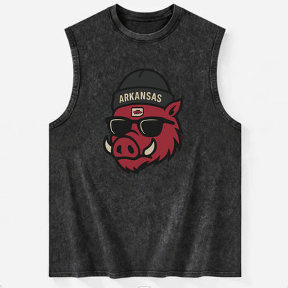 Fayetteville Razorback wearing Arkansas beanie with hog patch - Vintage Washed Tank - Black
