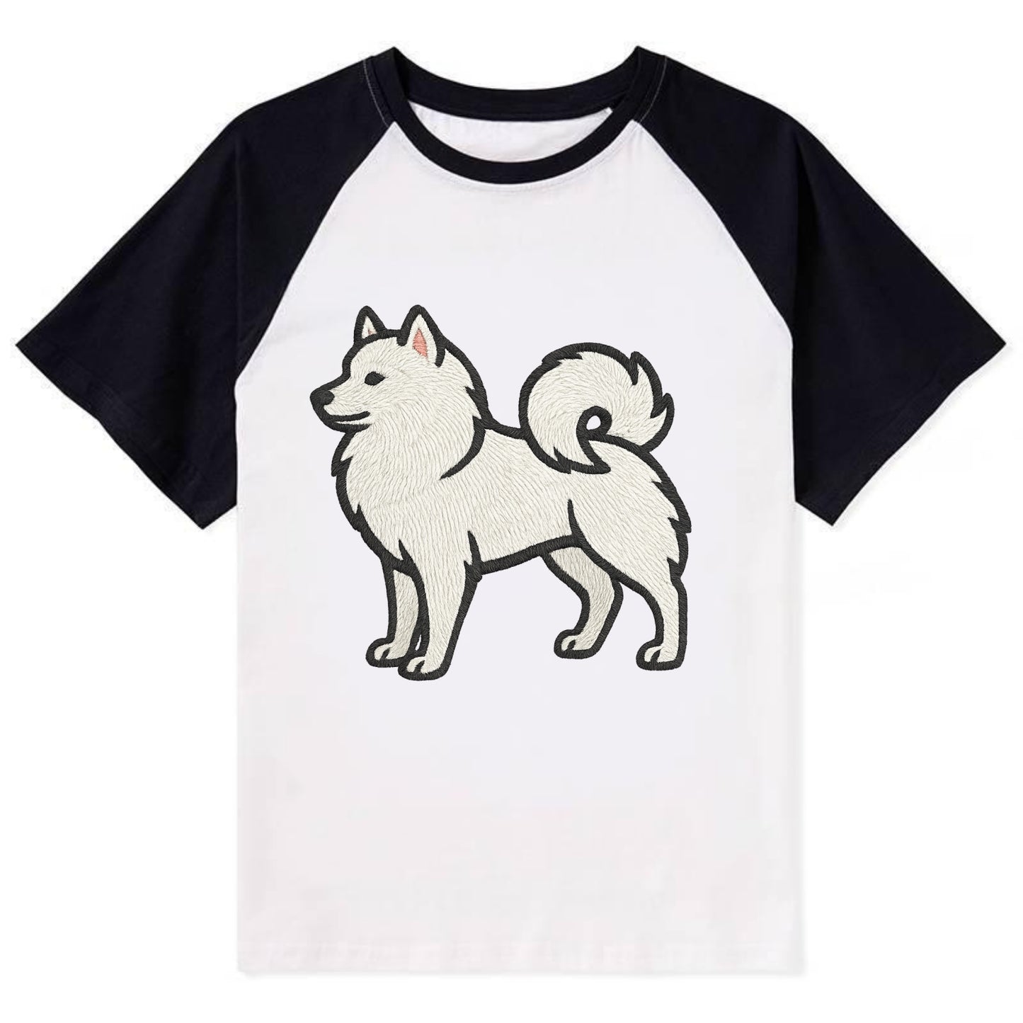 American Eskimo Dog - White spitz embroidered standing design - Contrast Raglan T-shirt - Black