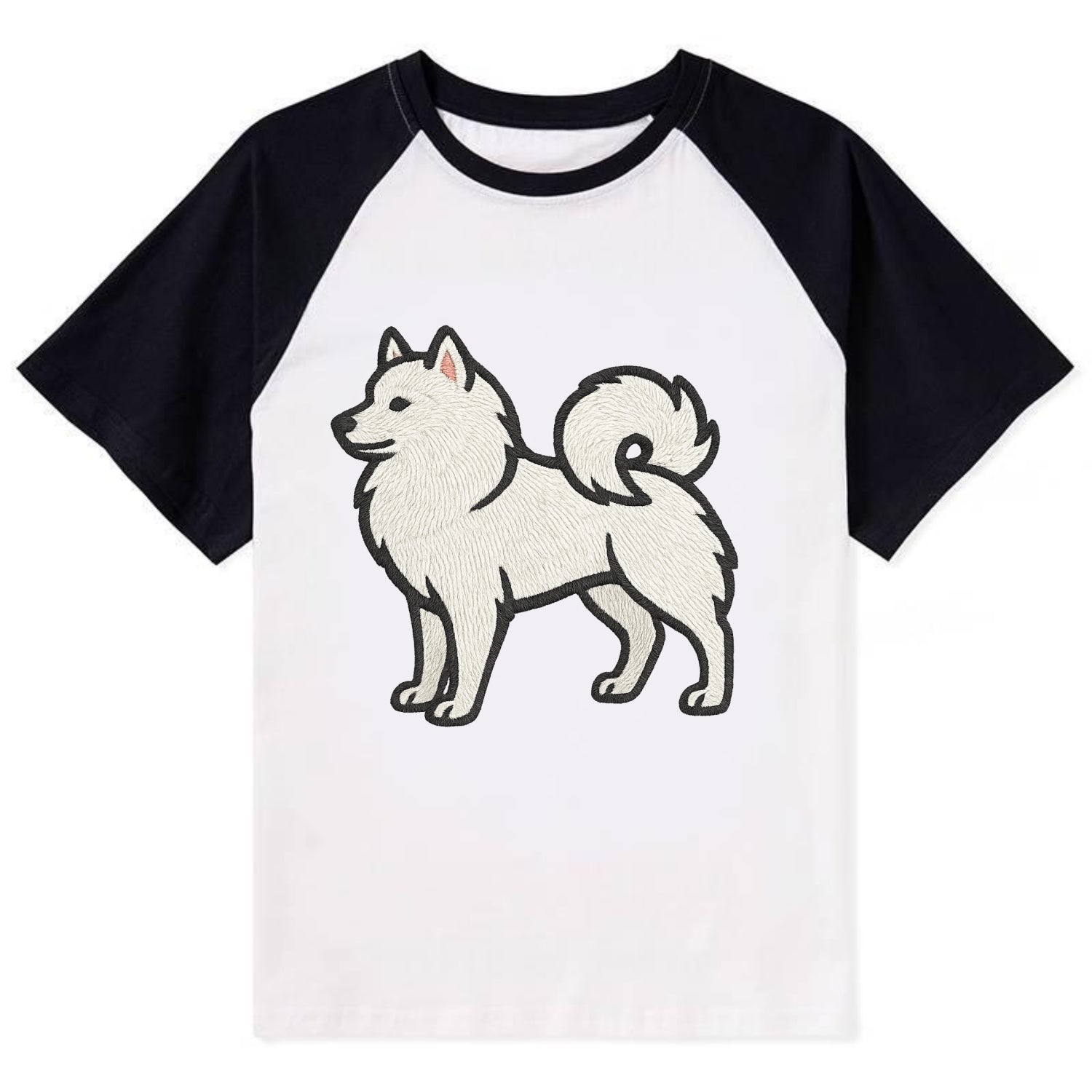 American Eskimo Dog - White spitz embroidered standing design - Contrast Raglan T-shirt - Black