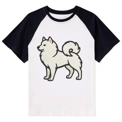 American Eskimo Dog - White spitz embroidered standing design - Contrast Raglan T-shirt - Black