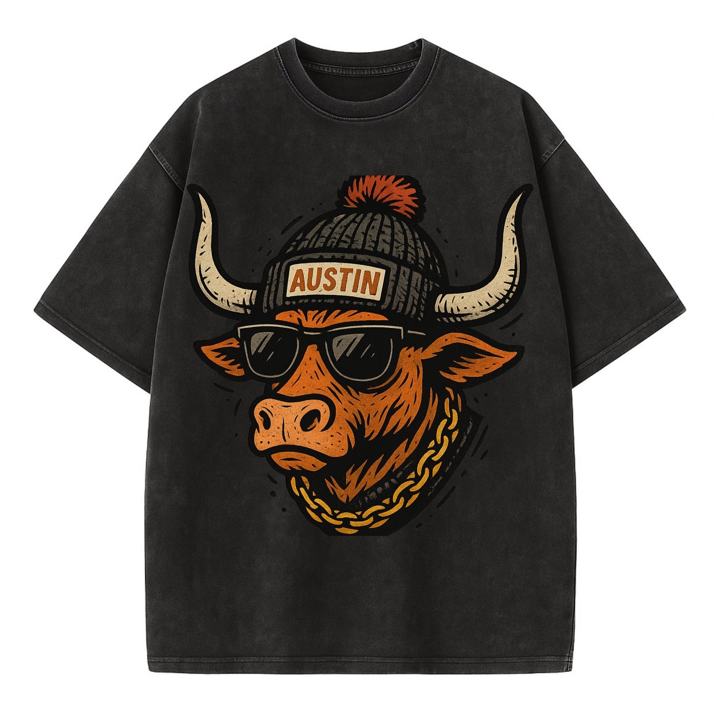 Texas Longhorn wearing Austin beanie with pom pom and wayfarer sunglasses - Vintage T-shirt - Black