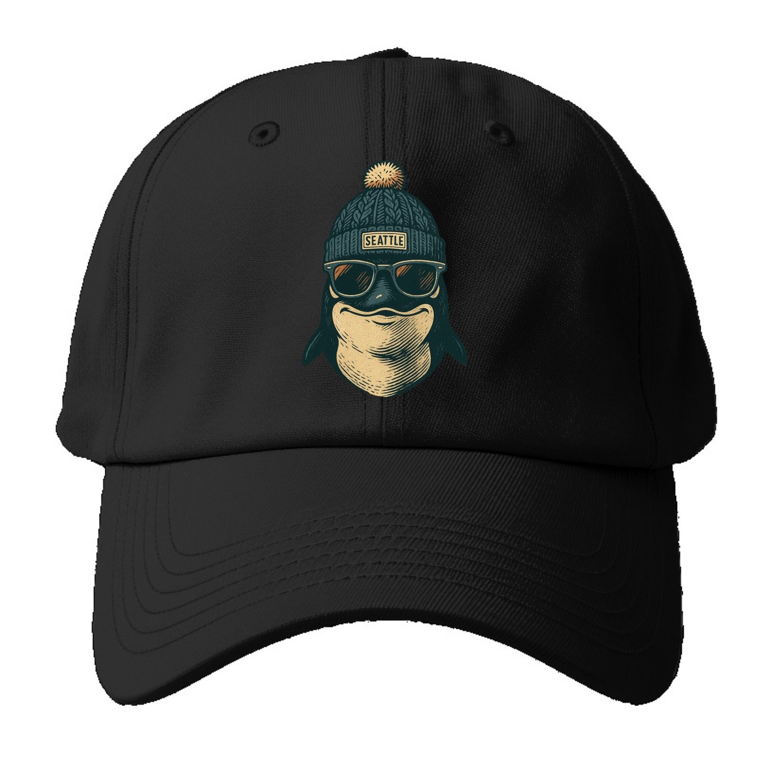 Washington Orca wearing Seattle beanie with pom pom and wayfarer sunglasses - Baseball Cap - Black