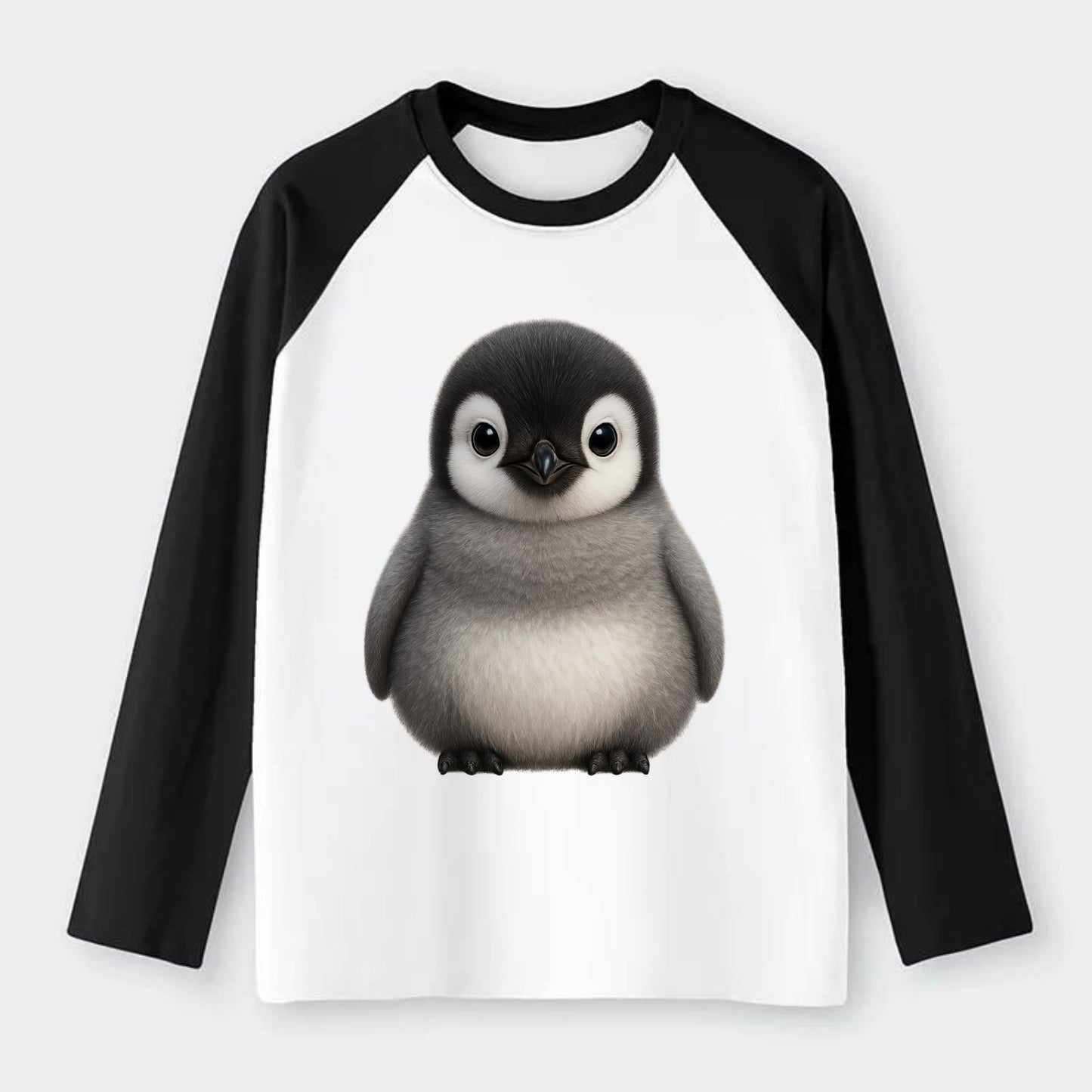 Baby Adelie Penguin - black and white, round body, curious eyes, - Raglan Long Sleeve T-Shirt - Black