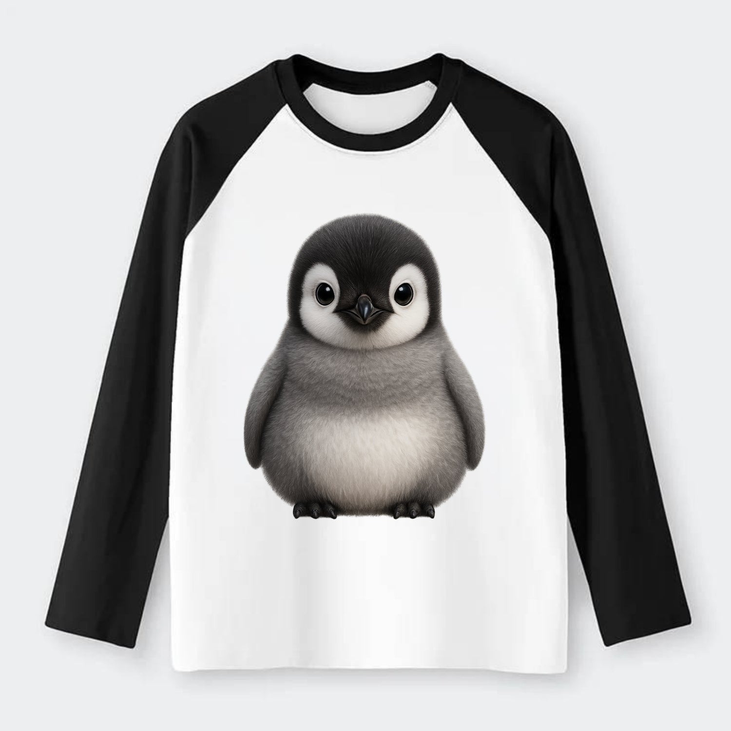 Baby Adelie Penguin - black and white, round body, curious eyes, - Raglan Long Sleeve T-Shirt - Black