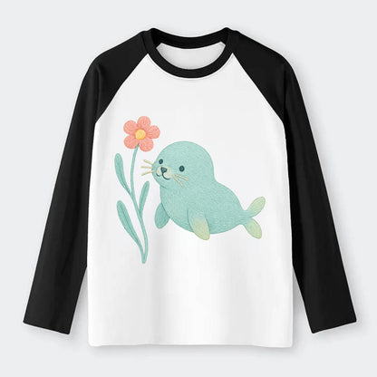 Mint Seal Pup - Raglan Long Sleeve T-Shirt - Black