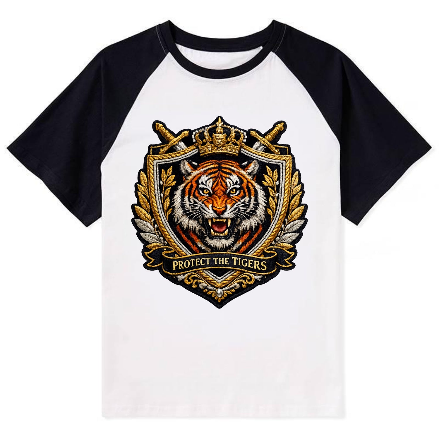 PROTECT THE TIGERS - tiger with shield in orange , big cat conservation - Contrast Raglan T-shirt - Black