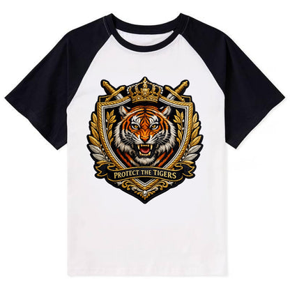 PROTECT THE TIGERS - tiger with shield in orange , big cat conservation - Contrast Raglan T-shirt - Black