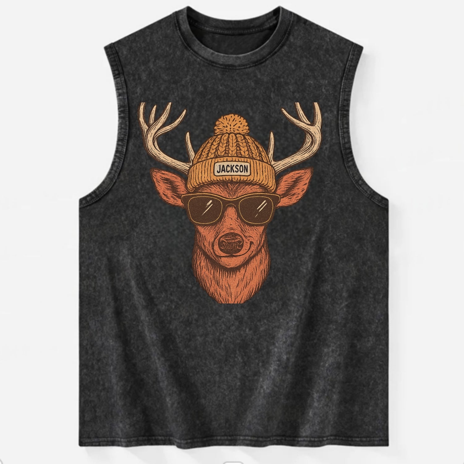 Mississippi White-tailed Deer wearing Jackson beanie with pom pom and - Vintage Washed Tank - Black