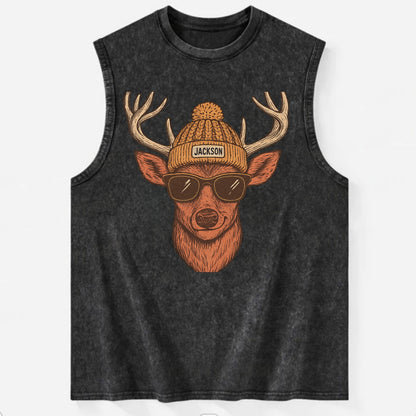 Mississippi White-tailed Deer wearing Jackson beanie with pom pom and - Vintage Washed Tank - Black