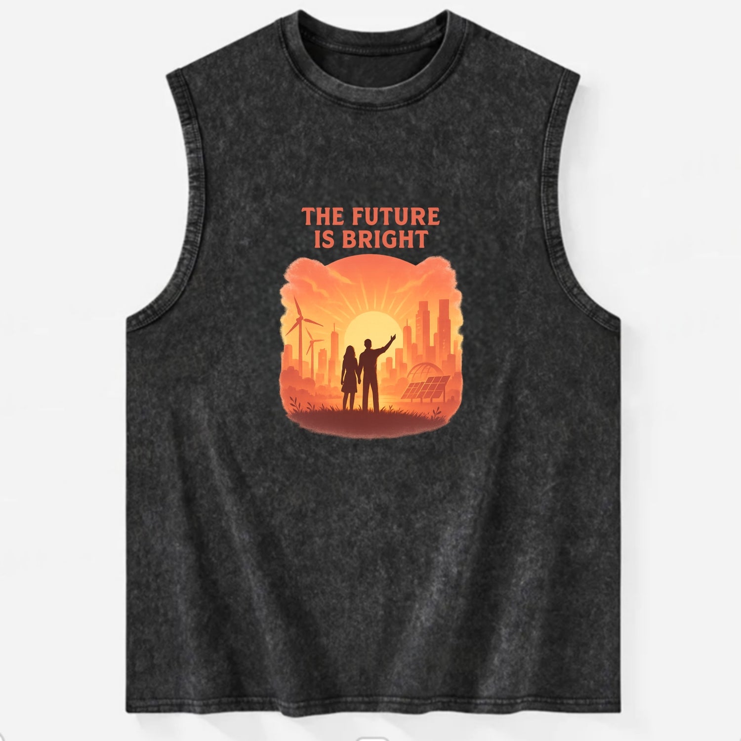 Sunrise over thriving sustainable city - "The Future is Bright" - optimistic - Vintage Washed Tank - Black
