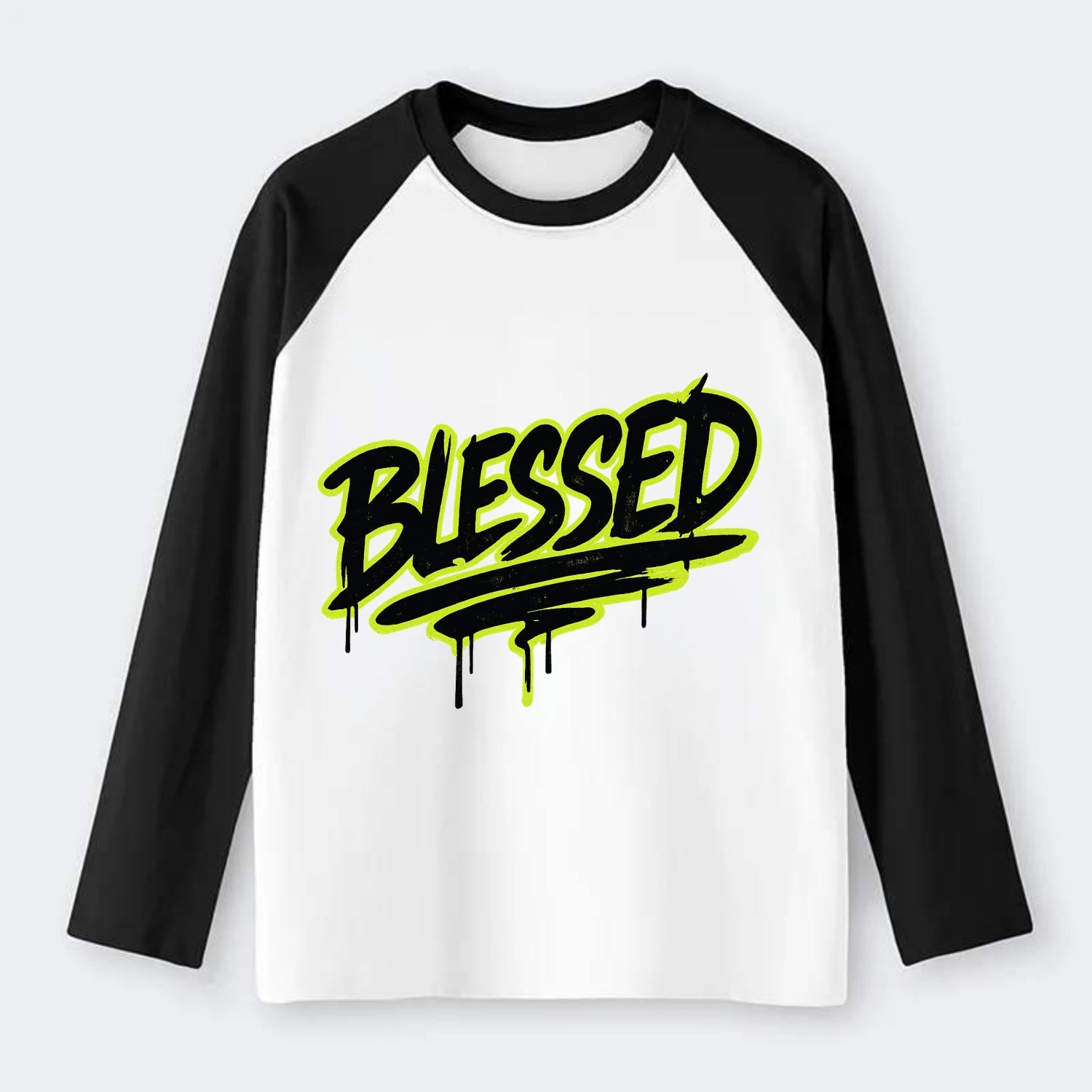 Bold typography design - "BLESSED" - recognizing good fortune, - Raglan Long Sleeve T-Shirt - Black