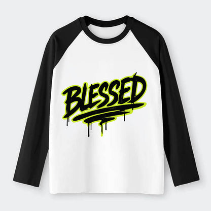 Bold typography design - "BLESSED" - recognizing good fortune, - Raglan Long Sleeve T-Shirt - Black