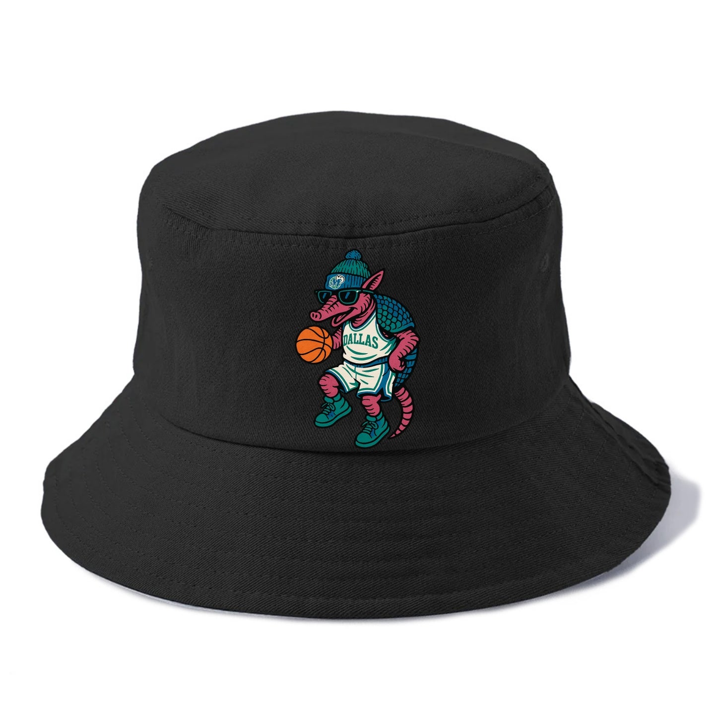 Dallas Armadillo wearing Mavericks beanie with cowboy hat patch and wayfarer sunglasses - Bucket Hat - Black