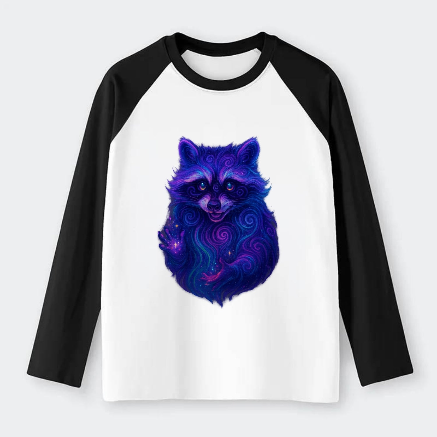 Playful raccoon with mask swirling in hypnotic patterns, neon purple - Raglan Long Sleeve T-Shirt - Black