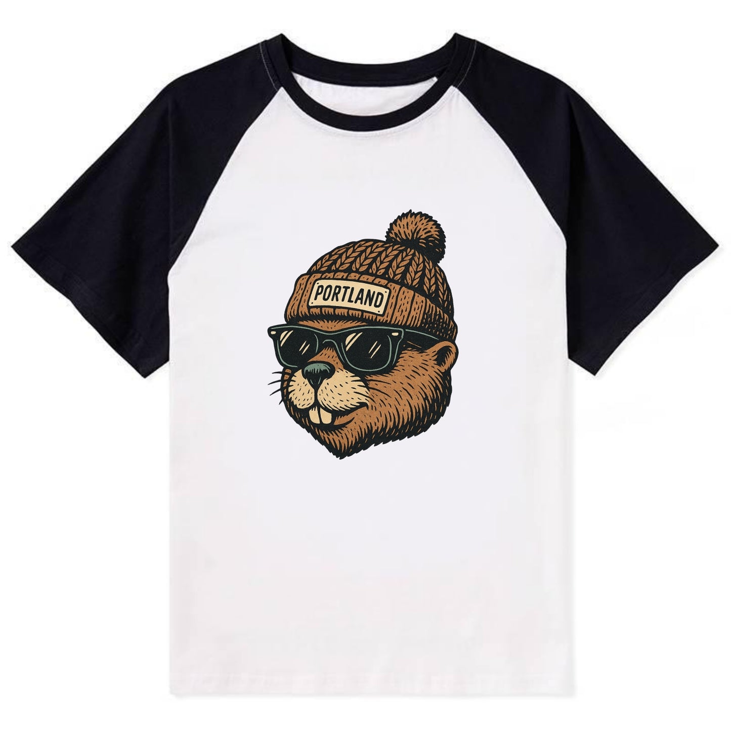 Portland Beaver wearing Portland beanie with pom pom and wayfarer - Contrast Raglan T-shirt - Black
