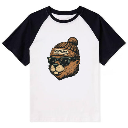 Portland Beaver wearing Portland beanie with pom pom and wayfarer - Contrast Raglan T-shirt - Black