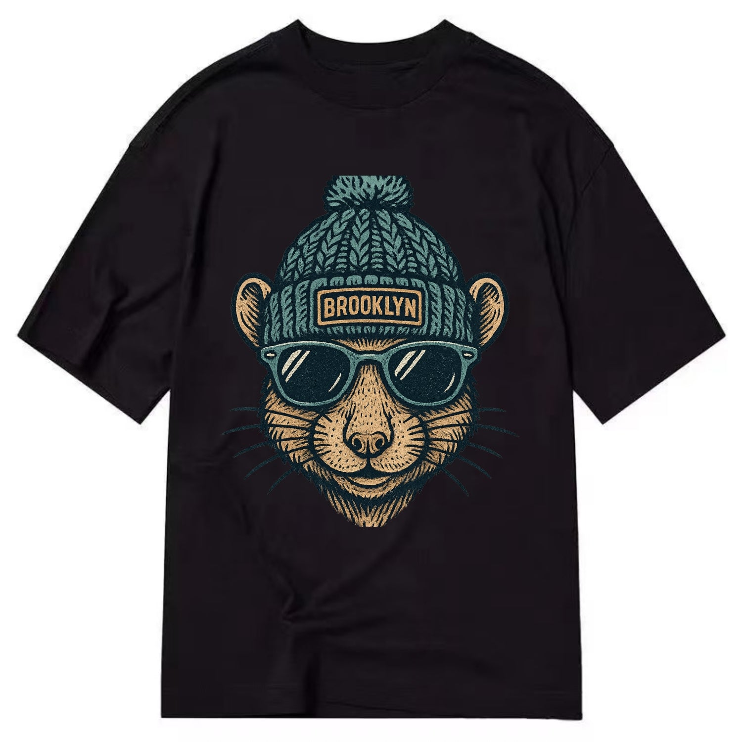 NYC Rat wearing Brooklyn beanie with pom pom and wayfarer sunglasses - Classic T-shirt - Black
