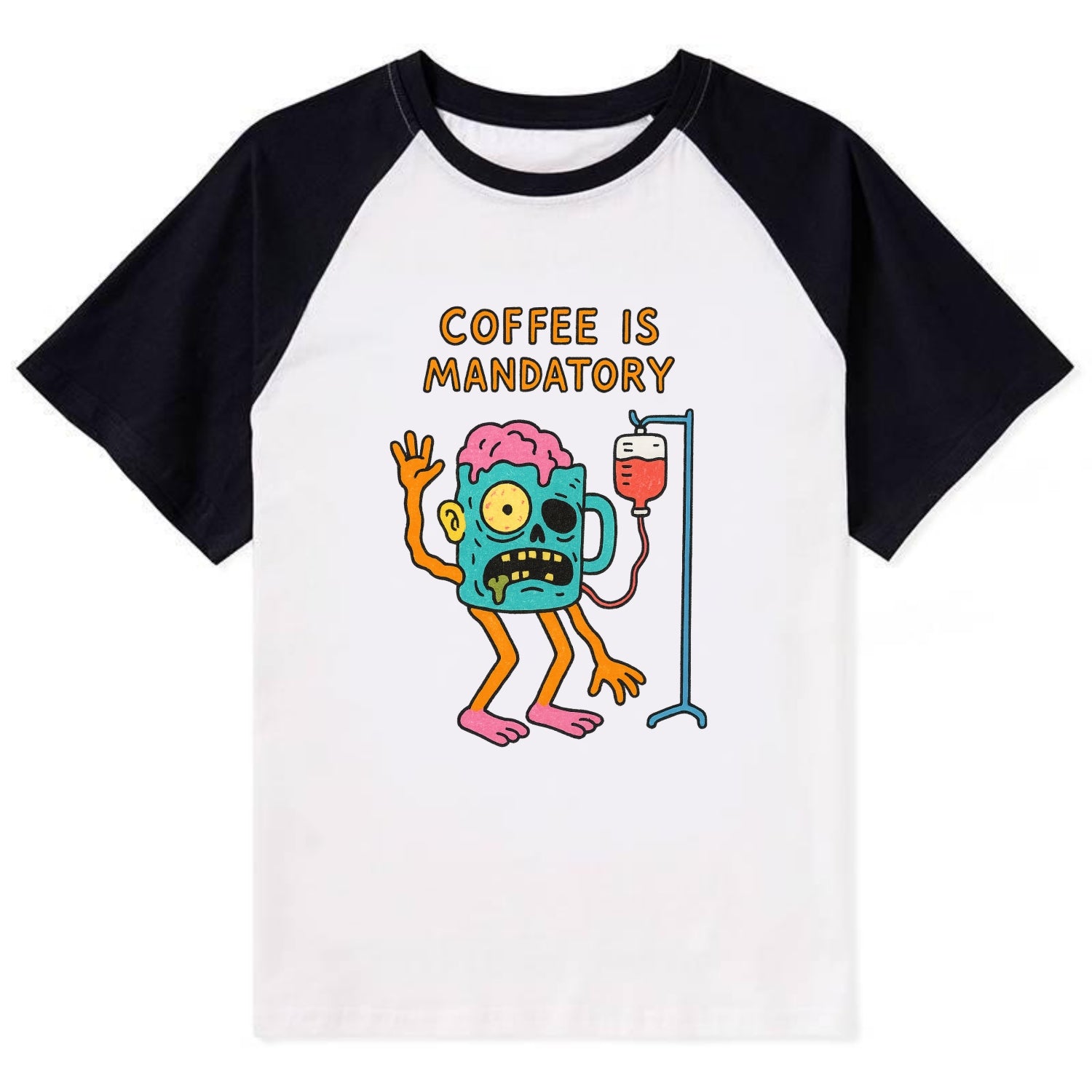 COFFEE IS MANDATORY | Zombie mug with IV drip - Contrast Raglan T-shirt - Black