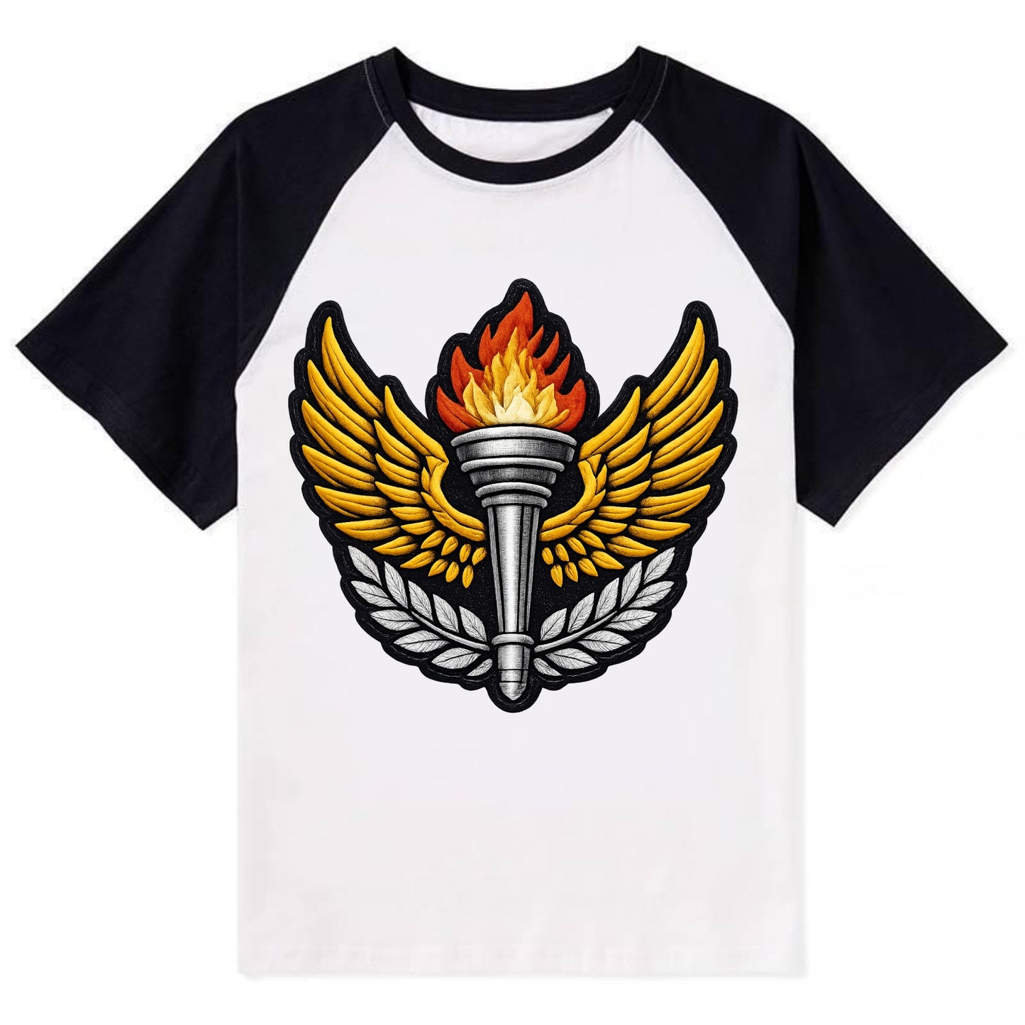 Embroidered patch design - TRACK AND FIELD TORCH - Olympic style torch - Contrast Raglan T-shirt - Black