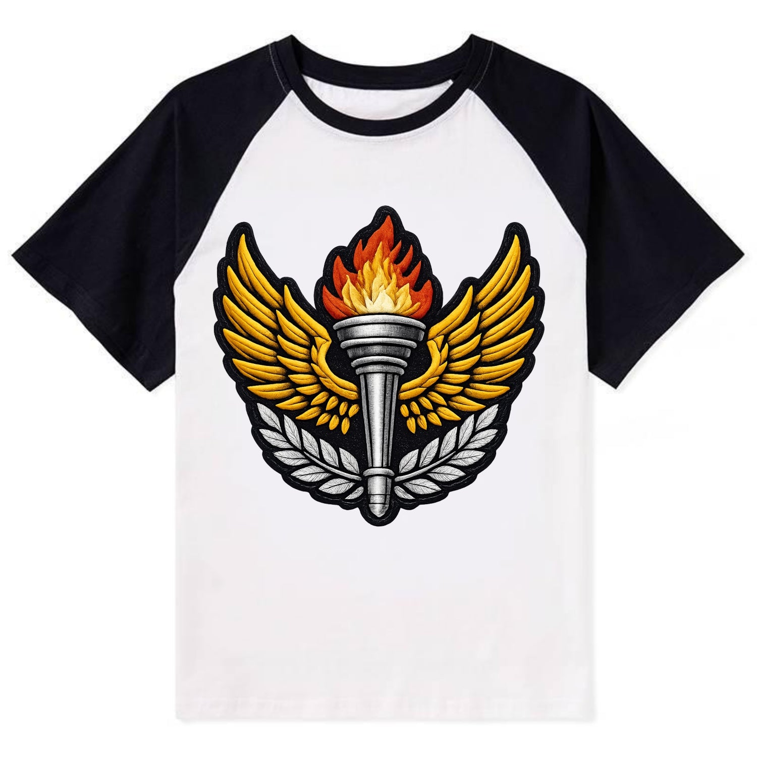 Embroidered patch design - TRACK AND FIELD TORCH - Olympic style torch - Contrast Raglan T-shirt - Black
