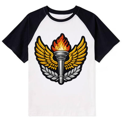 Embroidered patch design - TRACK AND FIELD TORCH - Olympic style torch - Contrast Raglan T-shirt - Black