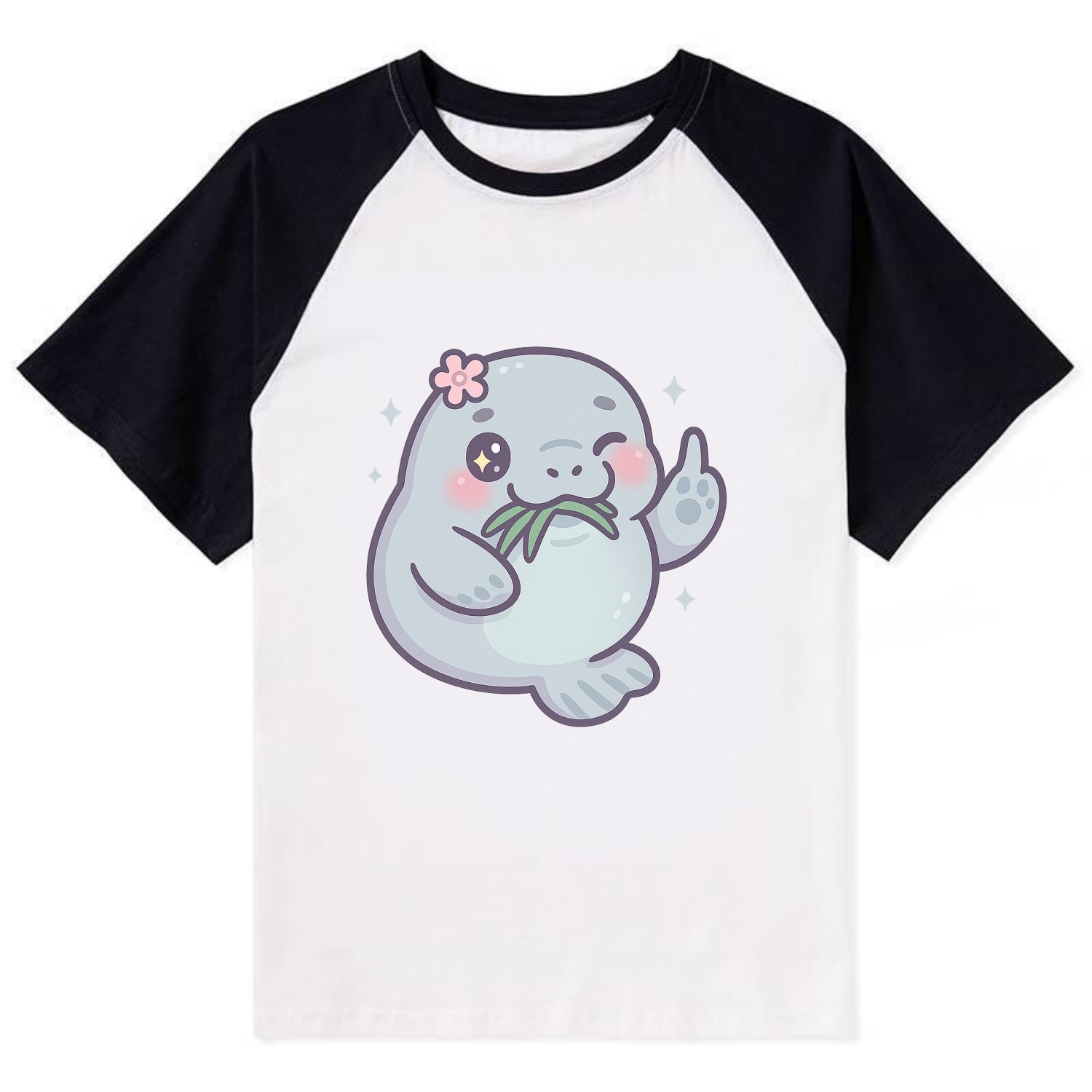 chubby manatee munching on seagrass, one flipper raised with sass - Contrast Raglan T-shirt - Black