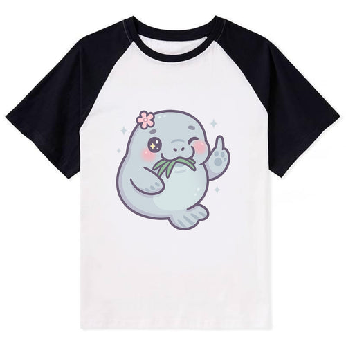 chubby manatee munching on seagrass, one flipper raised with sass - Contrast Raglan T-shirt