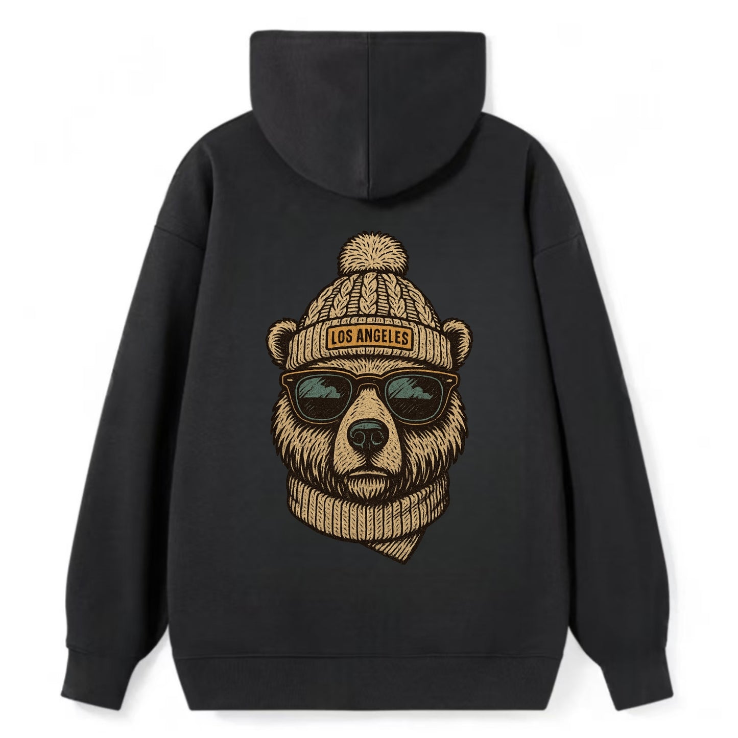 California Grizzly Bear wearing Los Angeles beanie with pom pom and - Classic Pullover Hoodie - Black