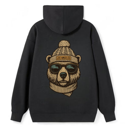 California Grizzly Bear wearing Los Angeles beanie with pom pom and - Classic Pullover Hoodie - Black