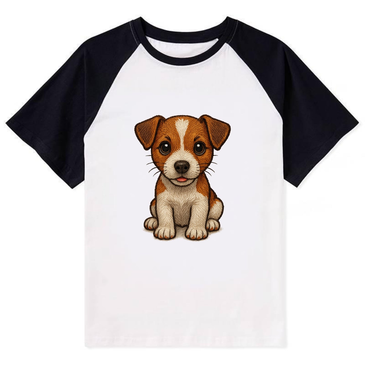 Baby Jack Russell Terrier Puppy - white with markings, alert ears, - Contrast Raglan T-shirt - Black