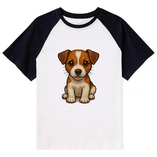 Baby Jack Russell Terrier Puppy - white with markings, alert ears, - Contrast Raglan T-shirt - Black