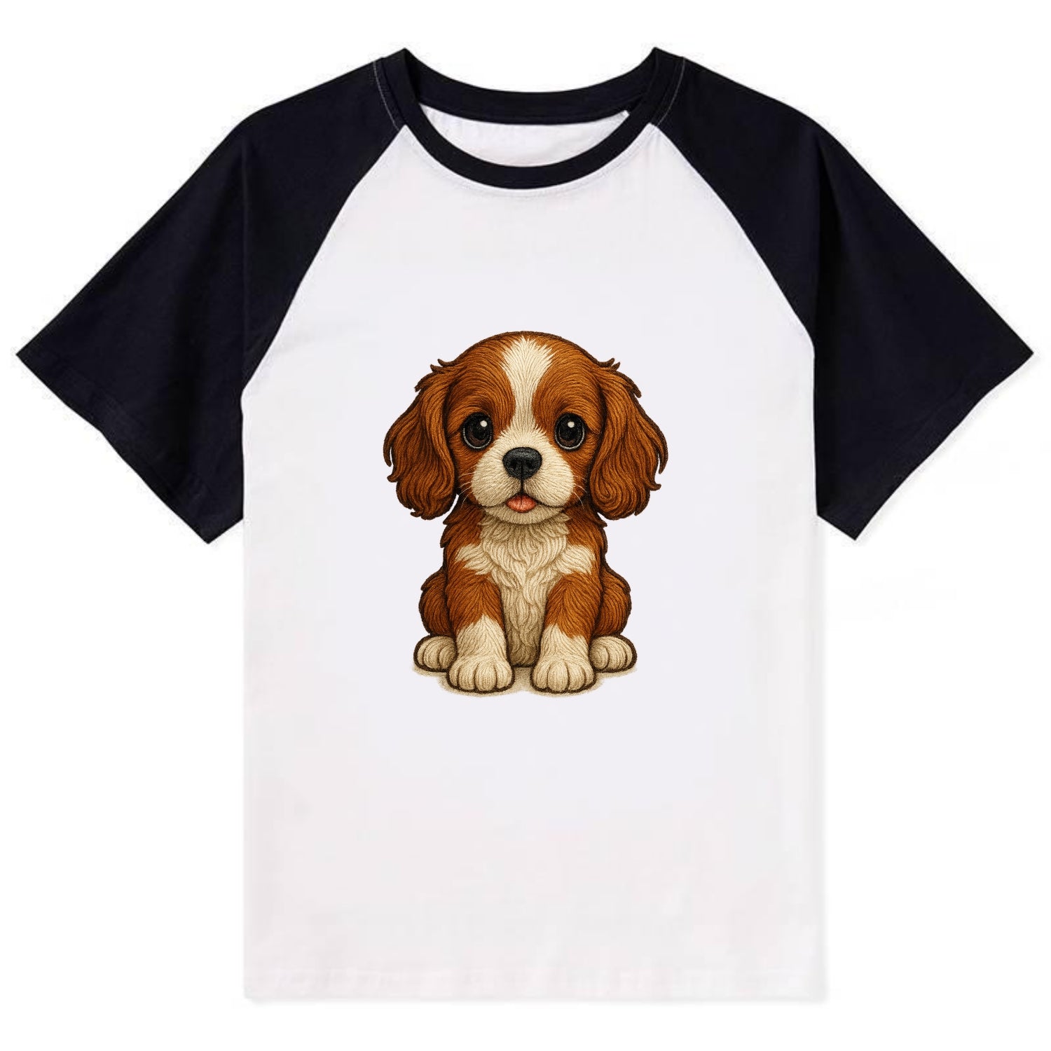 Baby Cavalier King Charles Spaniel Puppy - silky ears, gentle eyes, sweet - Contrast Raglan T-shirt - Black