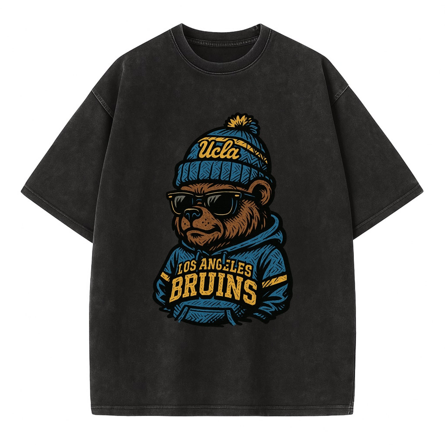 Los Angeles Bruin wearing UCLA beanie with script patch - Vintage T-shirt - Black