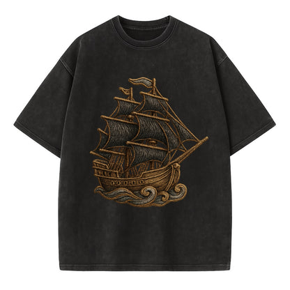 Pirate Ship  - Vintage T-shirt - Black