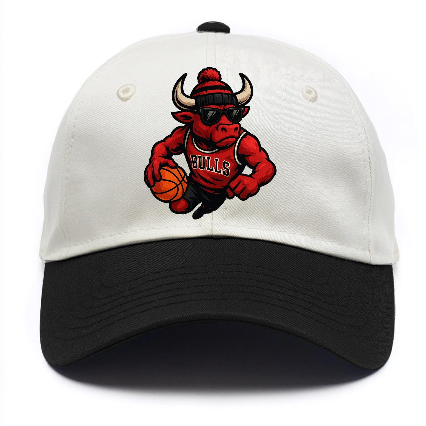 Chicago Bull wearing Bulls red and black beanie with horns design and wayfarer - Two Tone Cap - Black