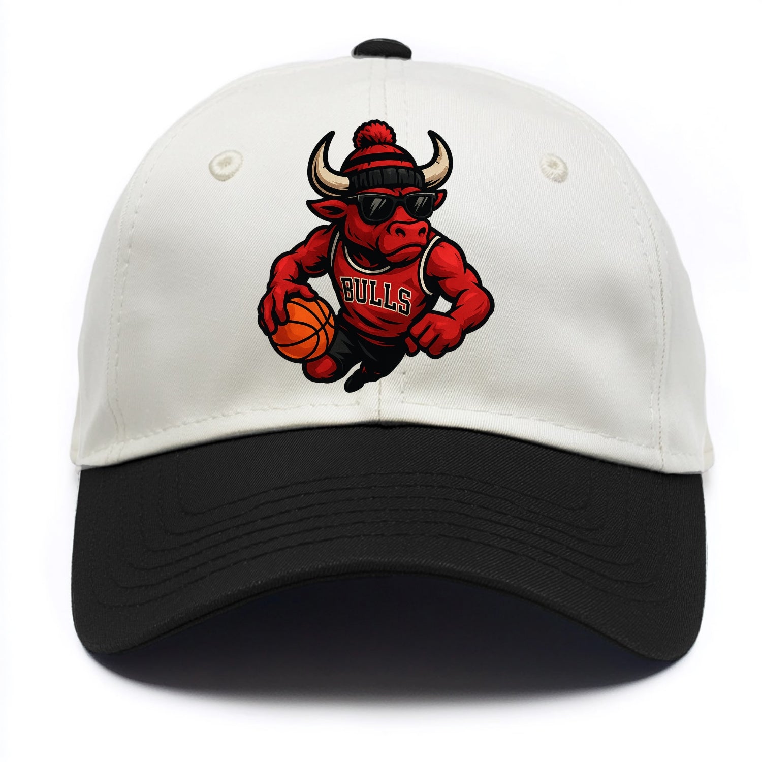 Chicago Bull wearing Bulls red and black beanie with horns design and wayfarer - Two Tone Cap - Black