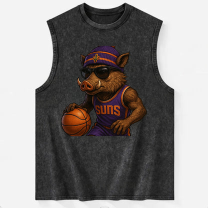 Phoenix Javelina wearing Suns beanie with cactus patch and wayfarer sunglasses - Vintage Washed Tank - Black