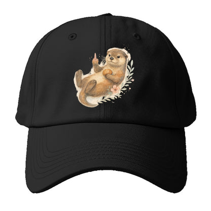 adorable otter floating on back, middle finger up while holding a shellfish - Baseball Cap - Black
