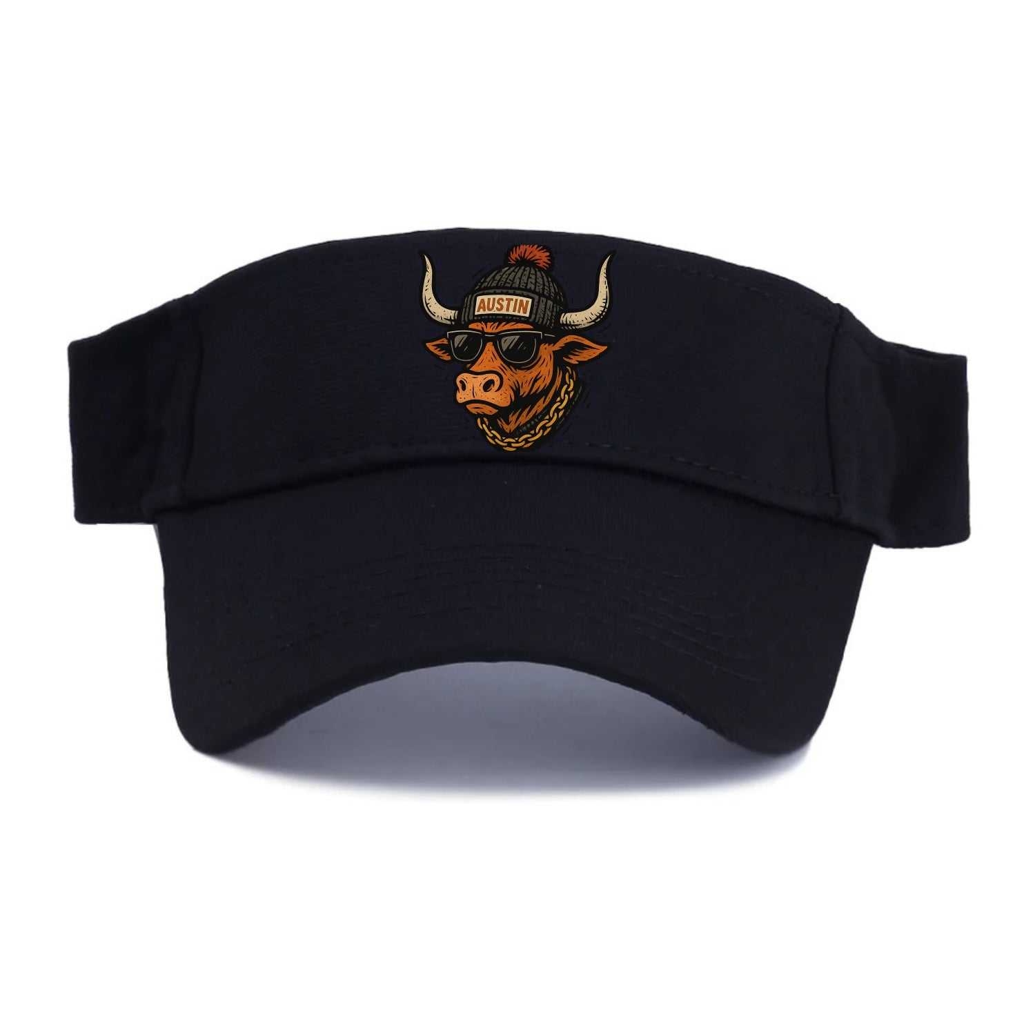 Texas Longhorn wearing Austin beanie with pom pom and wayfarer sunglasses - Visor - Black