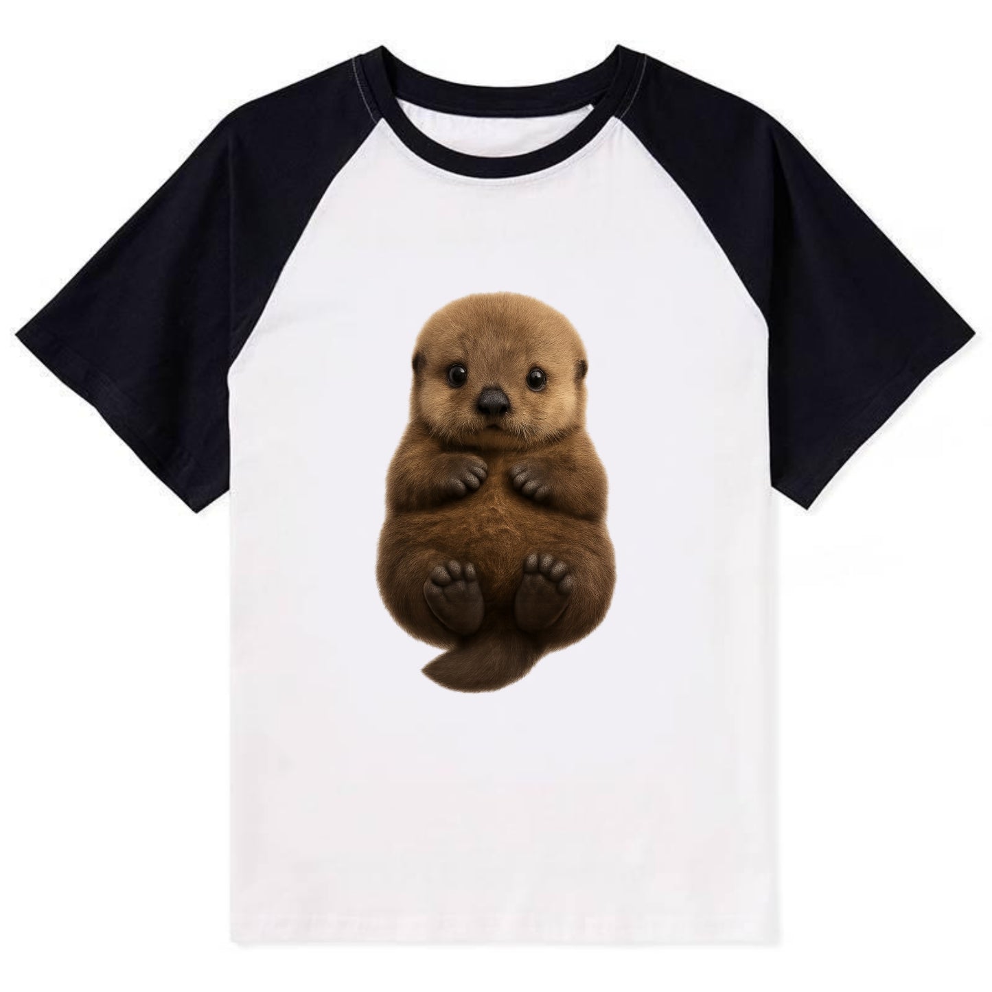 Baby Sea Otter - brown fluffy, floating on back, tiny paws, bright eyes, - Contrast Raglan T-shirt - Black