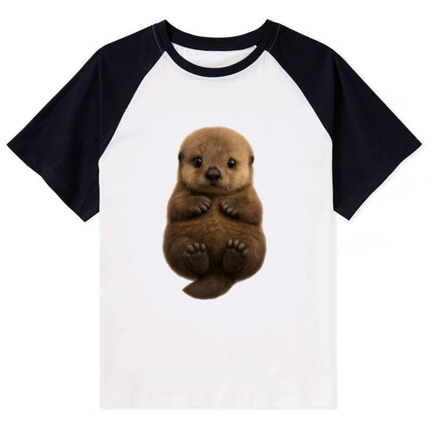 Baby Sea Otter - brown fluffy, floating on back, tiny paws, bright eyes, - Contrast Raglan T-shirt - Black
