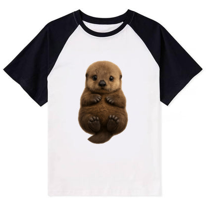 Baby Sea Otter - brown fluffy, floating on back, tiny paws, bright eyes, - Contrast Raglan T-shirt - Black