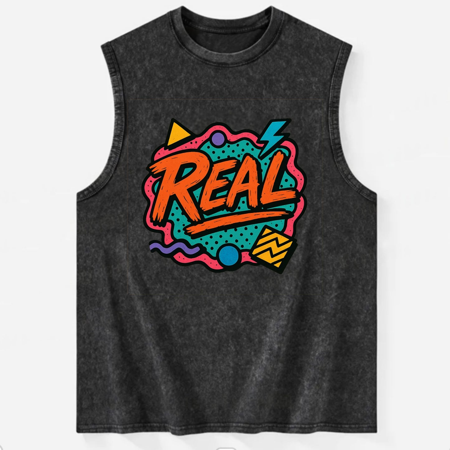 Imperfect brush strokes spelling "Real" - authenticity over perfection, raw - Vintage Washed Tank - Black