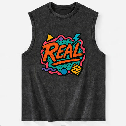 Imperfect brush strokes spelling "Real" - authenticity over perfection, raw - Vintage Washed Tank - Black