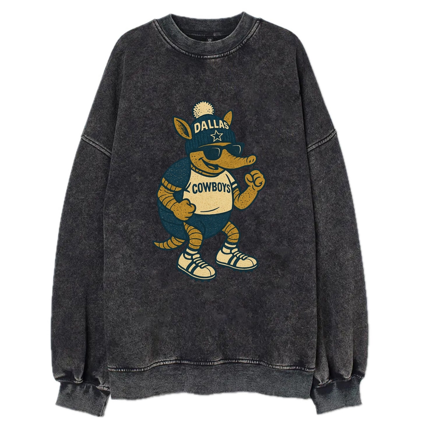 Dallas Armadillo wearing Cowboys beanie with lone star patch and wayfarer - Vintage Sweatshirt - Black