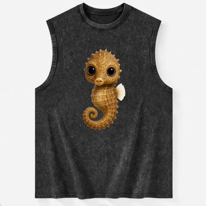 Baby Seahorse - curled tail, snout, large eyes, front-facing, delicate and - Vintage Washed Tank - Black