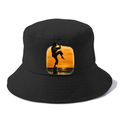 karate crane kick pose on wooden post at beach sunset - Bucket Hat - Black