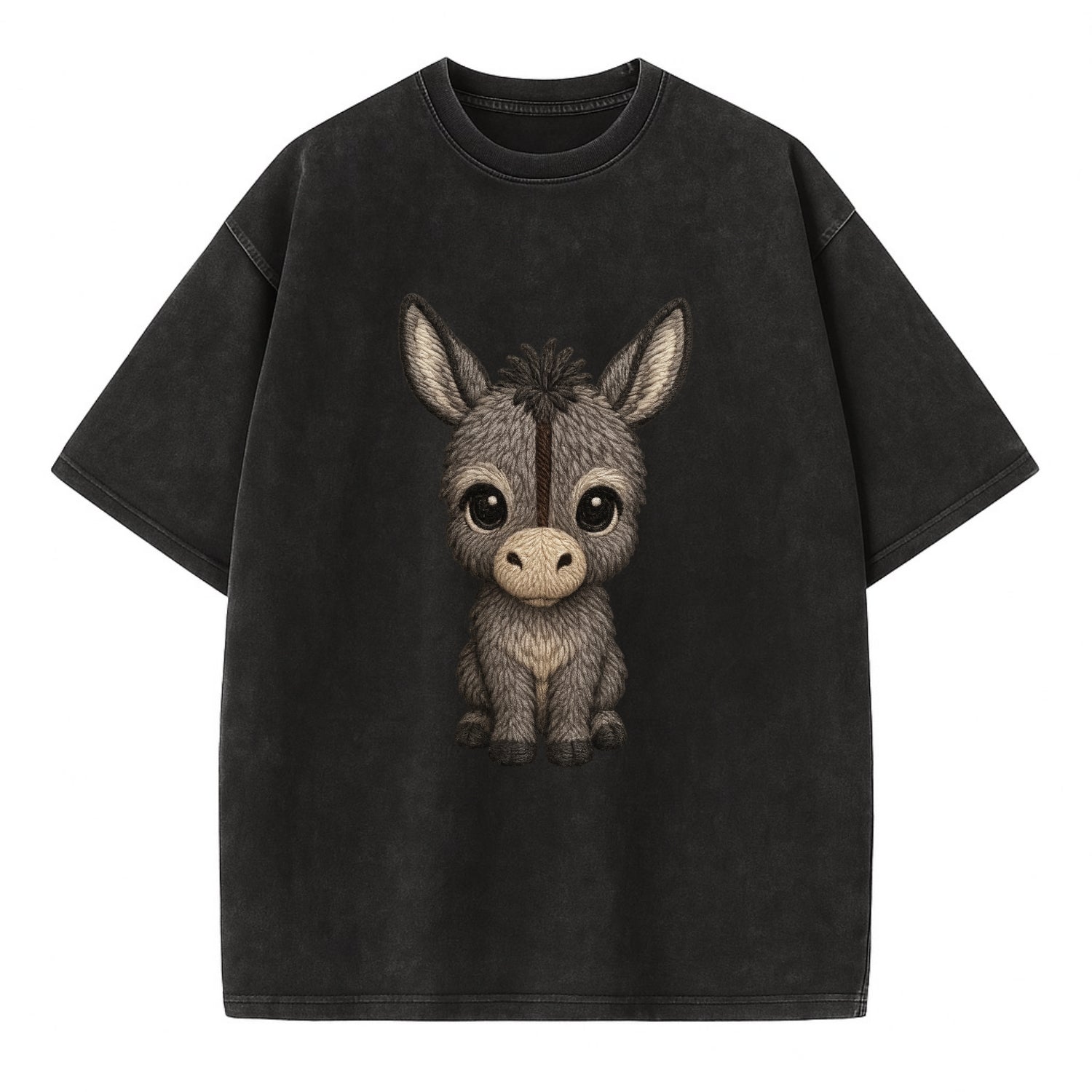 Baby Donkey Foal - gray fluffy, long ears, dark stripe, gentle eyes, - Vintage T-shirt - Black